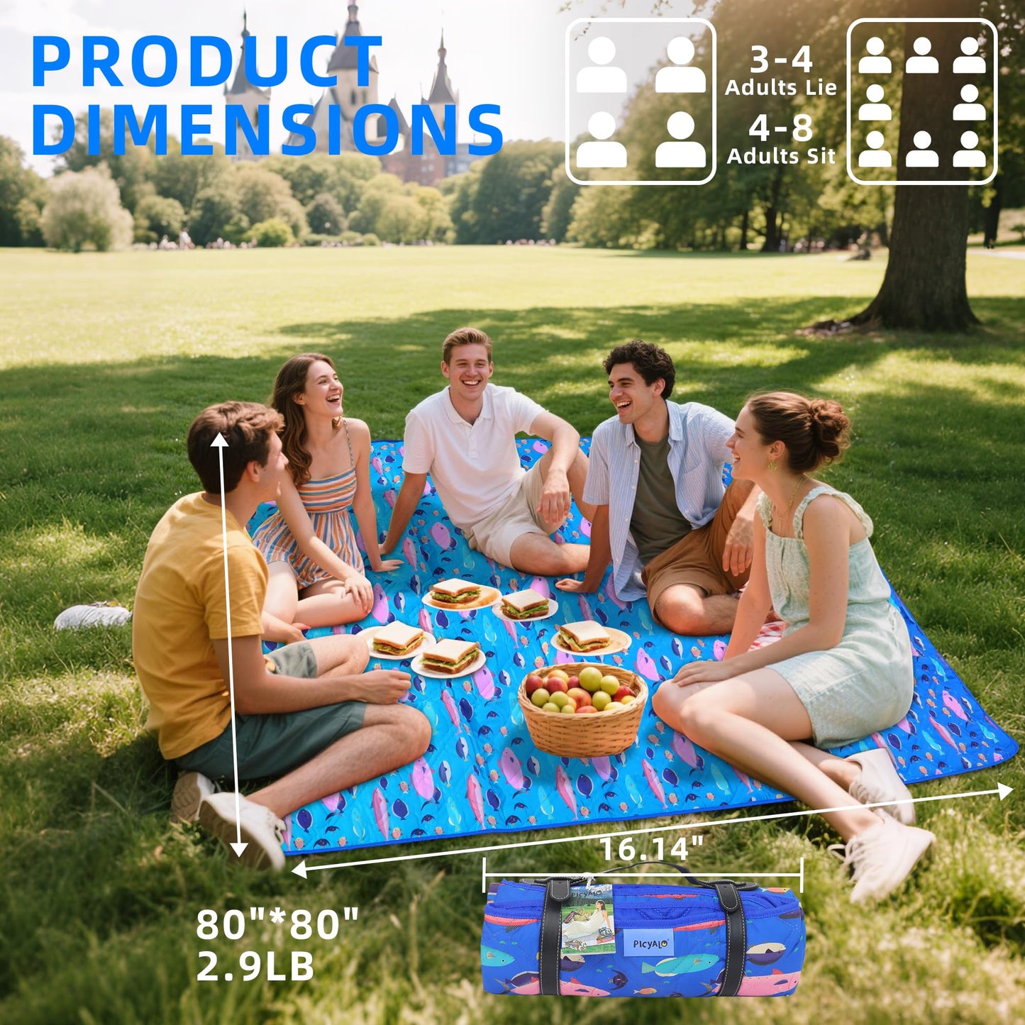 PICYALO Picnic Blanket, 80x80 Inches, White Fish Pattern, Double Thickened with 150g Cotton, Portable Foldable with Leather Carry Strap