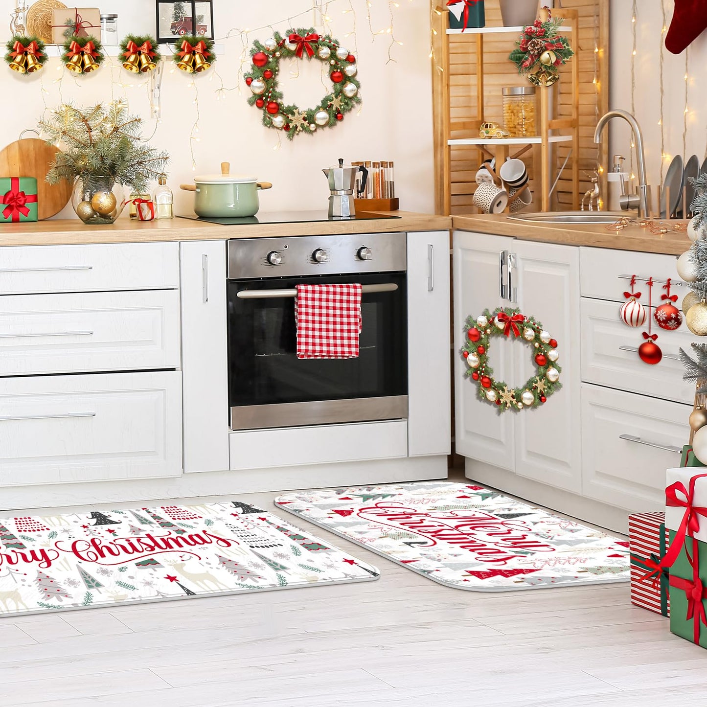 2 Pcs Merry Christmas Kitchen Rugs and Mats Non Slip Christmas Tree Kitchen Rugs Seasonal Winter Xmas Floor Mats for Holiday Indoor Outdoor Home Farmhouse Entryway Decorations, 17x47 and 17x29 Inch
