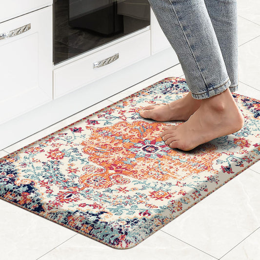 MAYHMYO Boho Kitchen Mat Anti Fatigue Ethnic Kitchen Cushioned Floor Mat Orange Blue Kitchen Rugs Non Slip Cool Rugs for Kitchen Floor Office