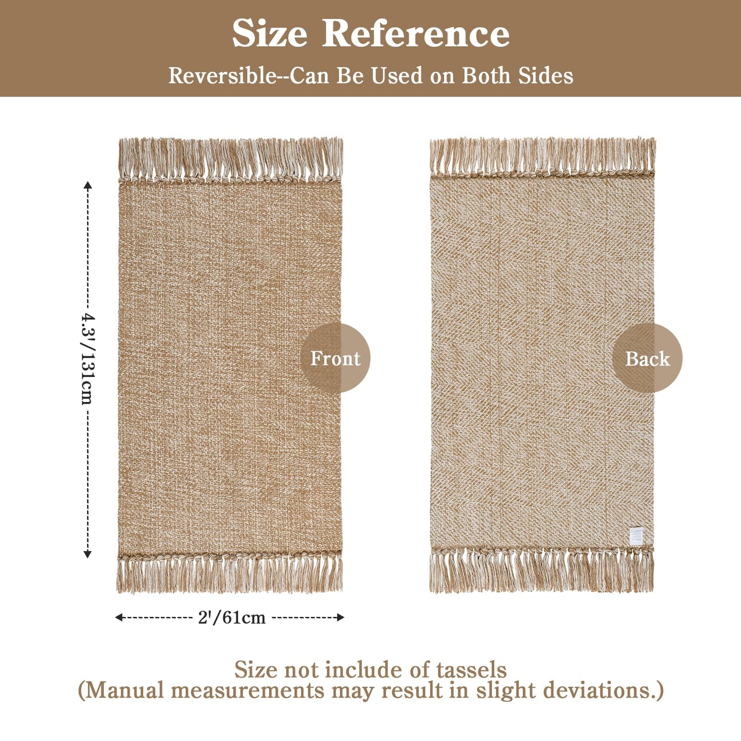 Collive 2' x 4.3' Indoor Outdoor Rug, Modern Farmhouse Kitchen Runner Rugs Hand-Woven Bathroom Mat, Tan Boho Washable Front Door Mats Reversible Entry Carpet for Laundry Bedroom Porch Decor