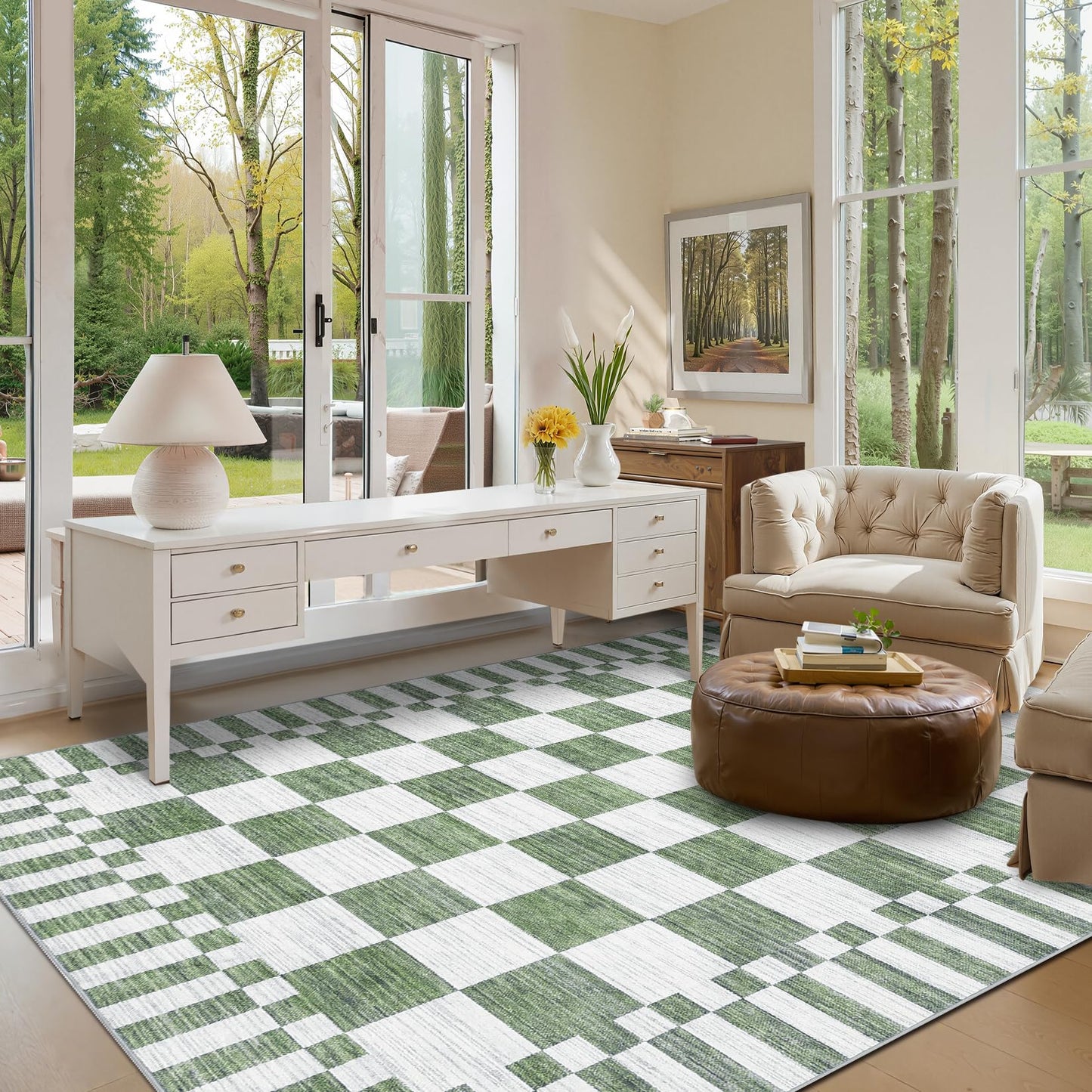 GarveeHome 8×10 Area Rugs for Living Room,Sage Green Checkered Rug, Non-Slip Washable Rugs 8x10,Soft Low-Pile Farmhouse Geometric Modern Rug for Bedroom Dining Room