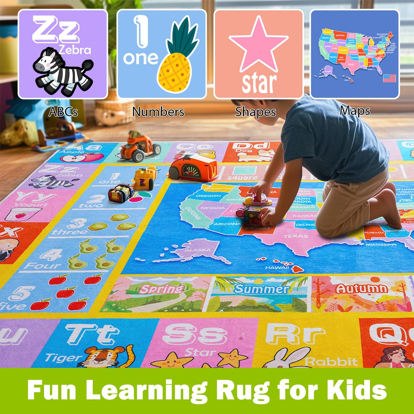 OHDS Kids Rugs for Playroom - Soft & Non-Slip 4x5 Feet Educational Rug for Learning ABC Alphabet, Numbers, Shapes & Map, Washable Classroom Rug for Toddler Nursery & Kids Room Decor