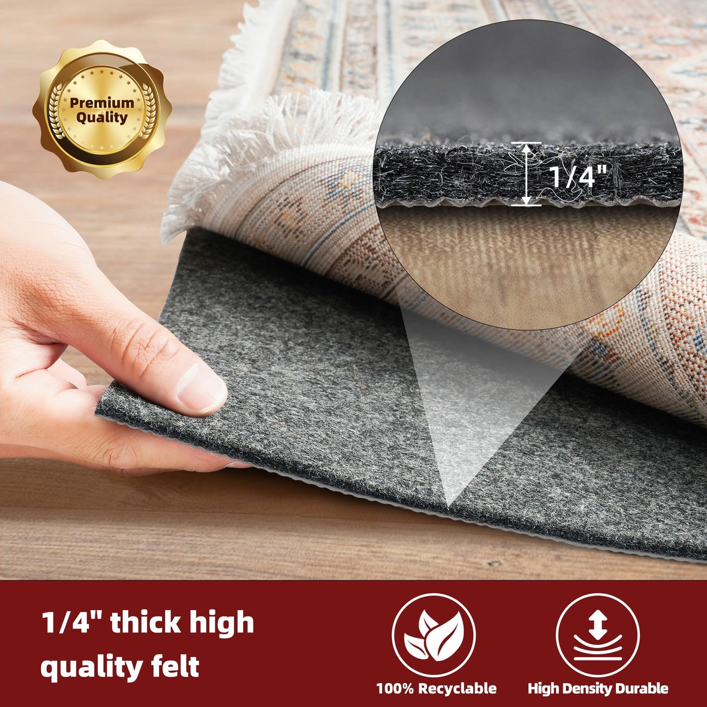 BAGAIL Felt and Natural Rubber Backing Rug Pads 1/4” Thick, 9 x 12 Ft Non Slip Carpet Gripper Keep Rugs in Place, Under Area Rug Protective Cushioned Pads, Carpet Runners, Hardwood Floors Protection