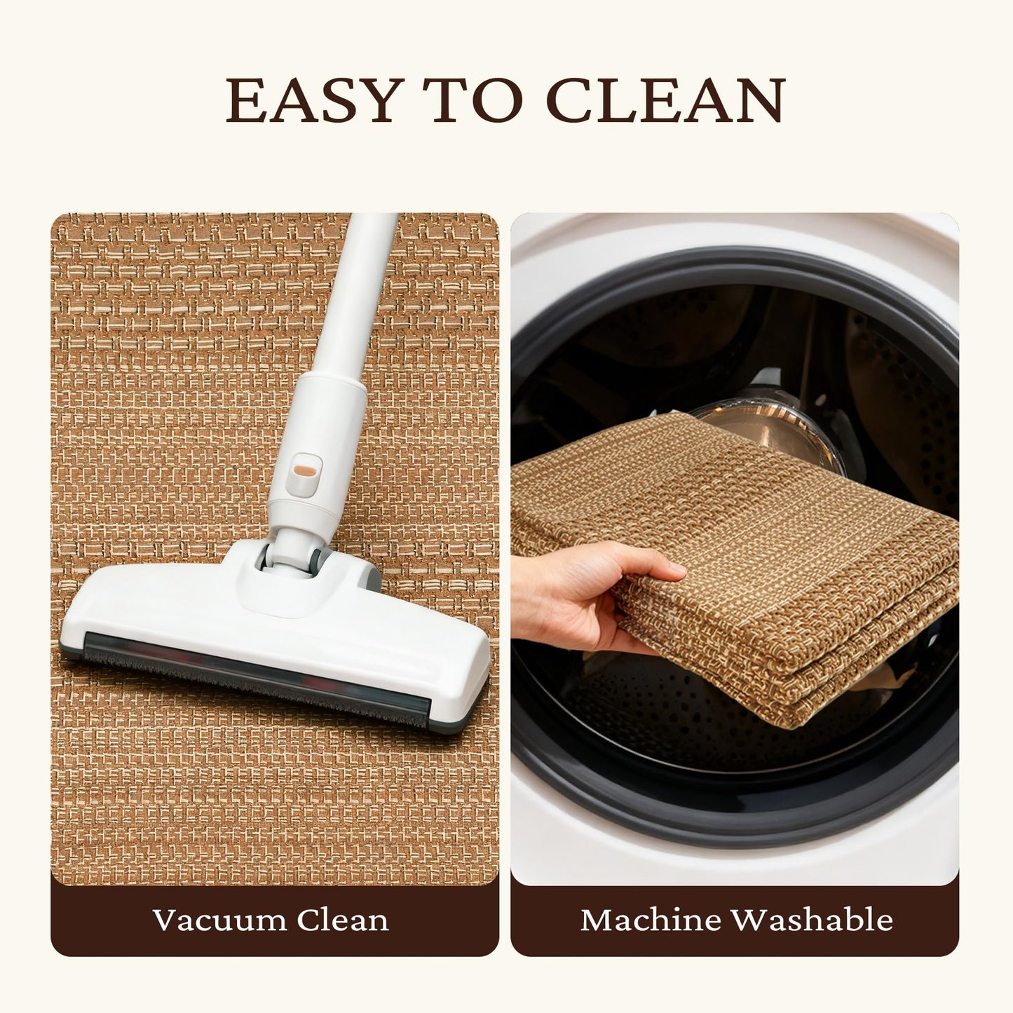 MatEssenz 3x5 ft Washable Area Rug, Textured Natural Woven Low-Profile Entryway Rug with Non-Slip Backing, Neutral Light Brown Accent Rug for Bedroom, Living Room