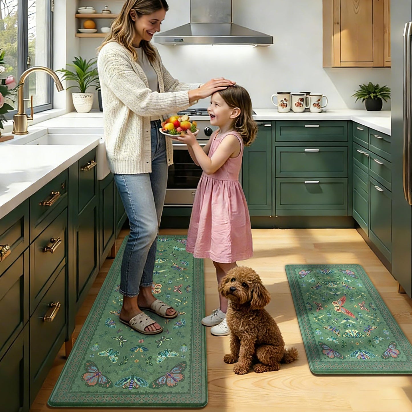 Yinhua Kitchen Rugs Sets of 2, Green Insect Kitchen Rugs Non Slip Washable, Farmhouse Anti Fatigue Mats for Kitchen Floor, PVC Waterproof Rug for Spring Summer, 18"x30"+18"x48"