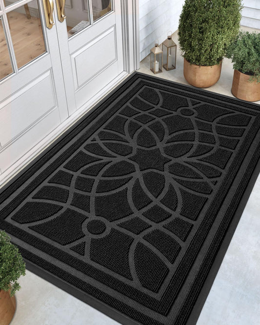 DEXI Front Door Mat Outside Entrance, 4x6ft Large Heavy Duty Non Slip Low Profile Doormat for Entryway, Trap Dirt and Moisture Welcome Mats, Easy Clean, Patio, Garage, Black