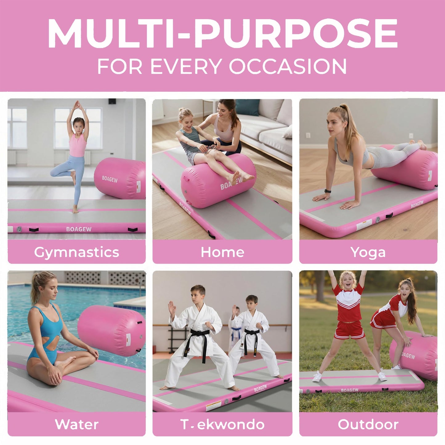 BOAGEW Gymnastics Mat with Air Roller,Inflatable Air Track Tumbling Mat for Home Gym Training, Tumble Track for Cheerleading/Gym/Training/Yoga/Beach/Water/Park Outdoor Use with Electric Air Pump ﻿