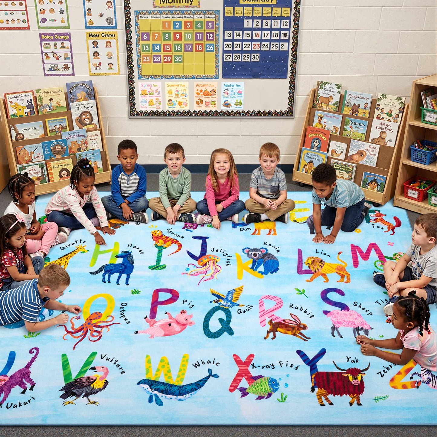 Rogara 6x9 ABC Classroom Rug for Kids Playroom, Alphabet Rug with 26 Animals, Non-Slip Washable Kids Carpet, Educational Preschool Play Mat for Daycare, Nursery, Toddler Bedroom