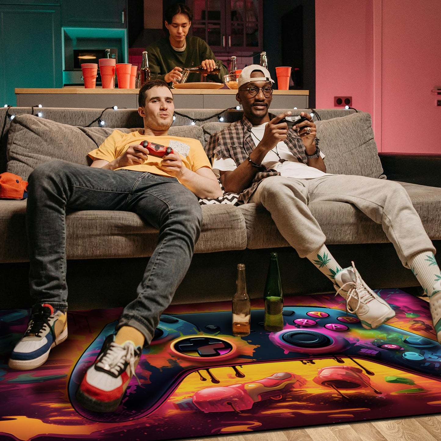 Gaming Area Rug Teen Boys Carpet, Lava Design Gamepad and Colorful Bomb Background Game Controller Design for Game Room, Gaming Room, Boys Girls Bedroom Playroom, Living Room (60"x40" - 150x100cm)