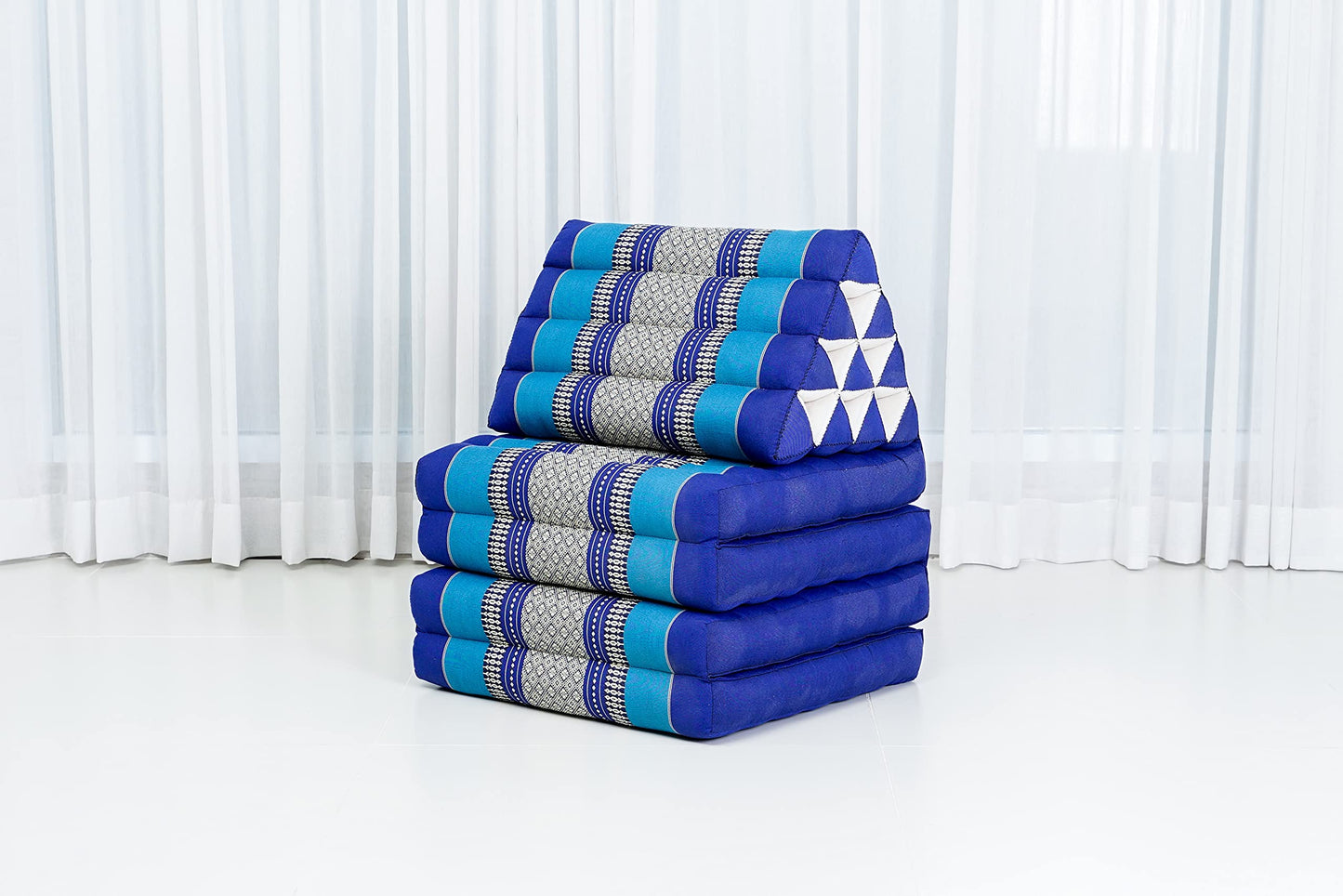 Leewadee Comfortable Japanese Floor Mattress - Thai Floor Bed with Triangle Cushion - Futon Mattress - XL Extra Long Thai Massage Mat, 89 x 20 inches, Blue, Kapok Filling