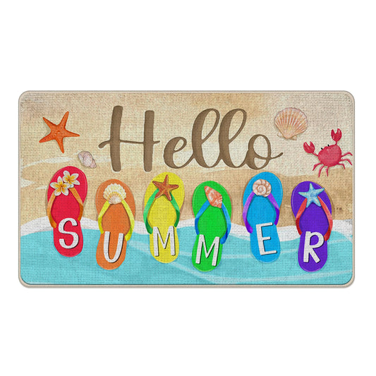 Livcoz Hello Summer Beach Flip Flops Welcome Front Door Mat, Coastal Conch Starfish Crab Decorative Doormat Non-Slip Floor Entryway Rug, Seasonal Indoor Outdoor Home Kitchen Decoration 17x29 Inches