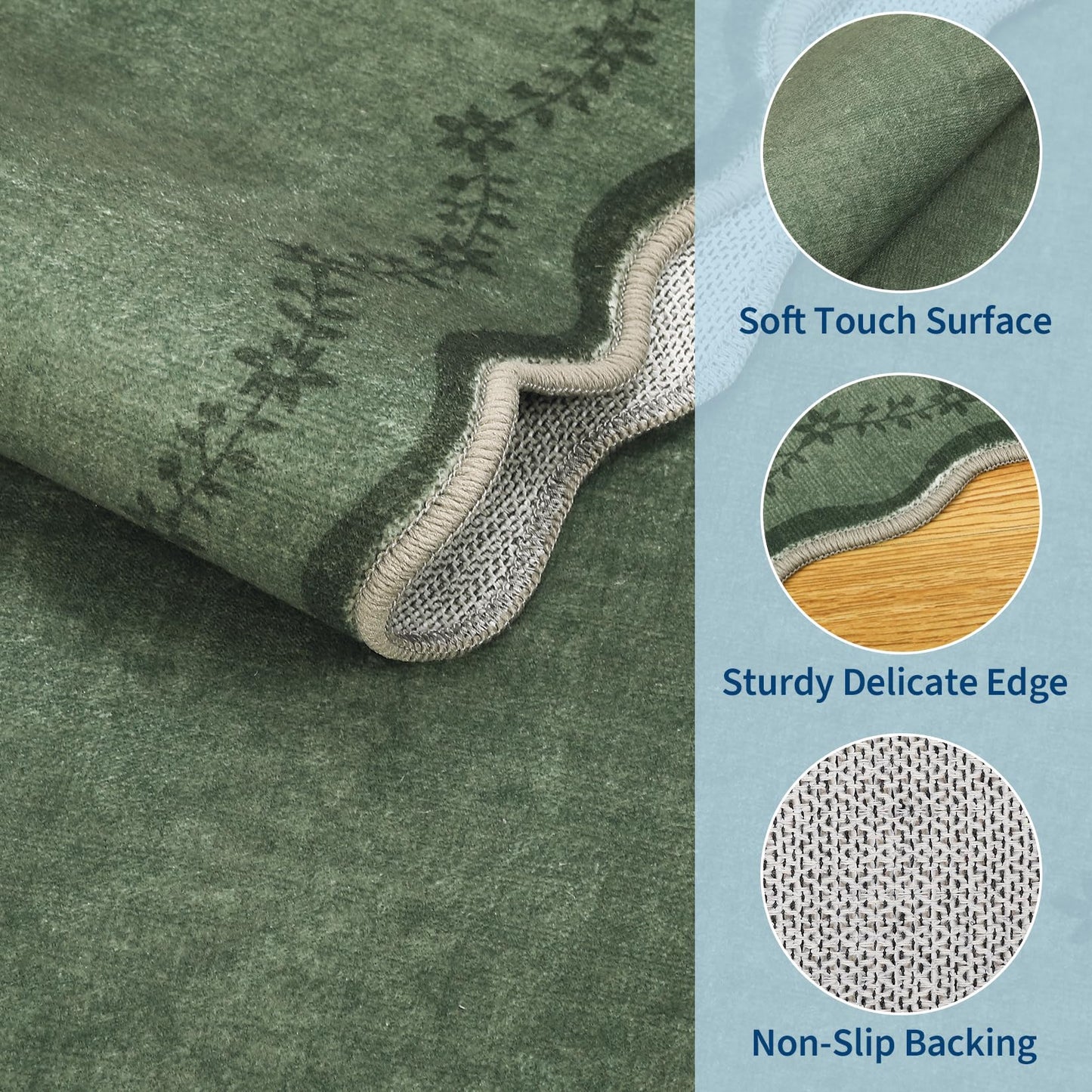 GarveeHome 2x6 Scalloped Washable Runner Rug for Kitchen, Soft Green Hallway Runner Non Slip Entryway Rug Farmhouse Thin Laundry Mat Stain Resistant Carpet for Bedroom Bathroom Beside Rug