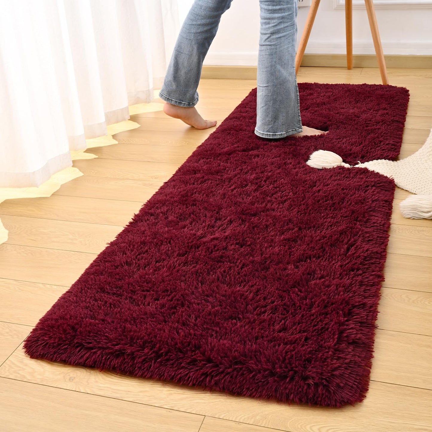DweIke Fluffy Burgundy Red Runner Rugs for Bedroom, 2x6 Feet Soft Plush Long Runners for Girls Boys Kids, Non-Slip and Machine Washable Bedside Rug, Small Throw Carpet for Hallway Rooms Decor