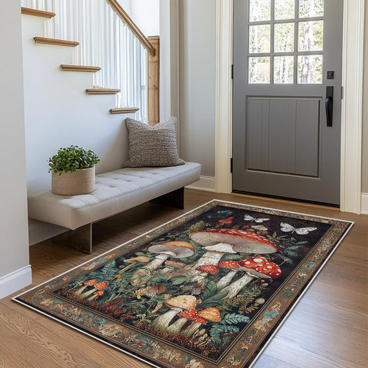 Botanical Mushroom Area Rug for Living Room Vintage Butterfly 3x5 Entryway Rug Modern Farmhouse Mushrooms Rugs Non Slip Low Pile Machine Washable Floor Carpet for Indoor Bedroom Dining Room Kitchen