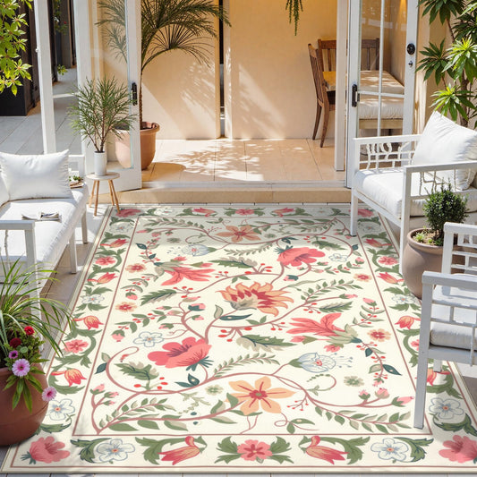 Uphome Indoor Outdoor Area Rug 6x9 ft, Large Floral Patio Rugs for RV Camping Outside, Washable Living Room Mat Non Slip, Breathable Floor Carpet for Bedroom Deck Porch Backyard, Beige