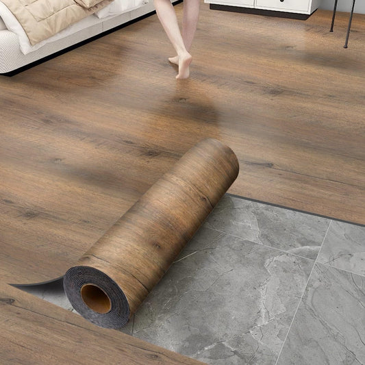 Luxury Thicken Wood Grain Peel and Stick Floor Tiles Self-Adhesive Vinyl Flooring Roll-DIY Easy for Wall and Floor,Hard Surface/Waterproof/Anti Slip (Brown Vinyl Flooring, 17.72 "W x 118" L)