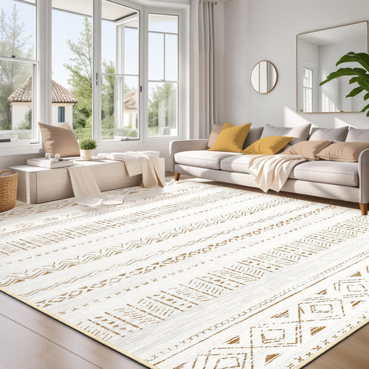 cotiled 8x10 Area Rugs Living Room Rug: Washable Boho Rugs with Non Slip Backing Large Soft Indoor Stain Resistant Carpet for Bedroom Farmhouse Dining Room Lightweight Home Decor L Brown/Cream