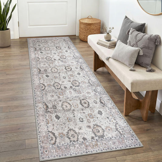 Lansny Vintage Washable Runner Rug 2x6, Printed Faux Wool Floral Runners for Hallways, Non-Slip Kitchen Runner Rug Indoor, Soft Thin Floor Carpet for Entryway Bedroom Hall Entry Laundry Room, Grey