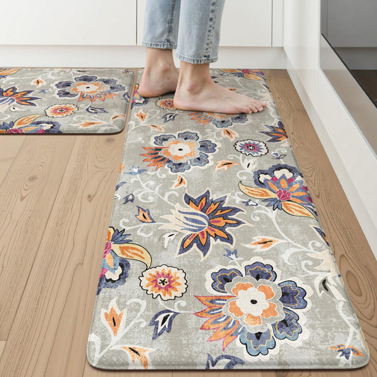 LEEVAN Anti Fatigue Mats for Kitchen Floor 2 Piece,Cushioned Memory Foam Blue Gray Kitchen Mats for Floor,Comfort Floral Boho Non Slip Kitchen Floor Mat for Sink,Laundry,Office(17''x29''+17''x47'')