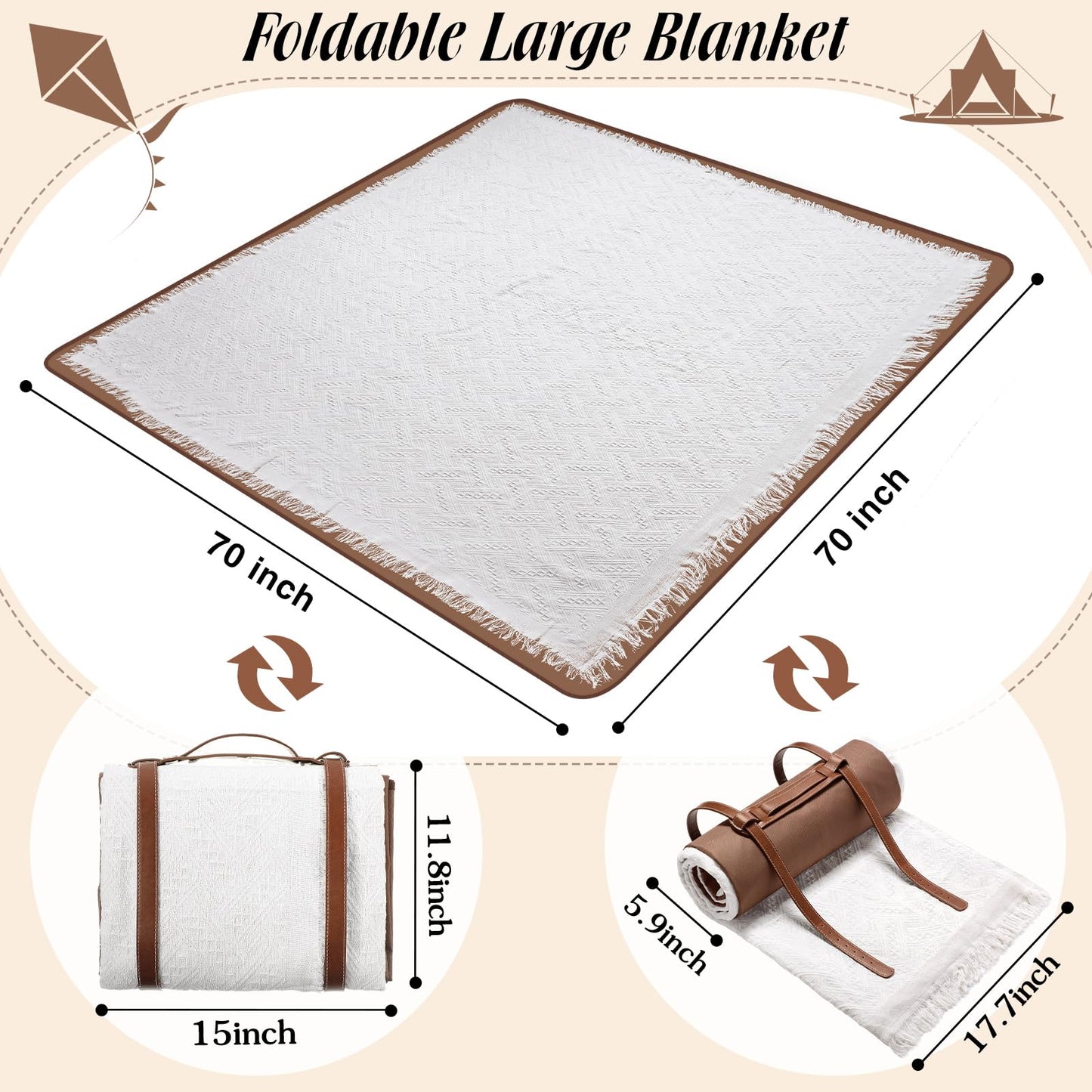 VitalCozy Waterproof Picnic Blankets 71×71 inch Outdoor Blanket Foldable 2 in 1 Double Layer Sandproof Beach Mat with Carry Strap for Camping Lawn Park Beach Grass(White)