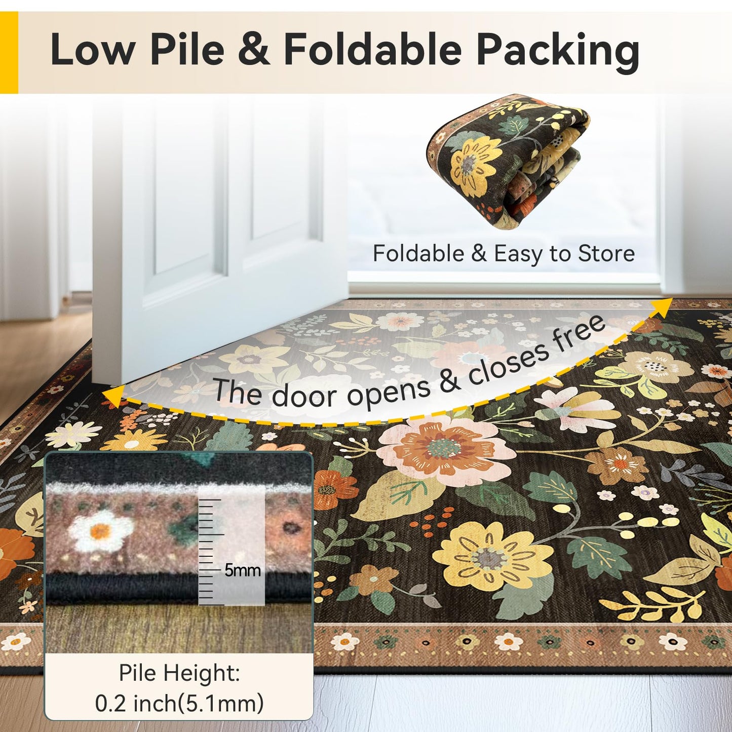 RELEANY Floral 6x9 Area Rugs Washable Print Boho Cute Carpet Non Slip Flower Low Pile for Living Room Bedroom Kitchen Office Farmhouse-Black/Yellow/Red