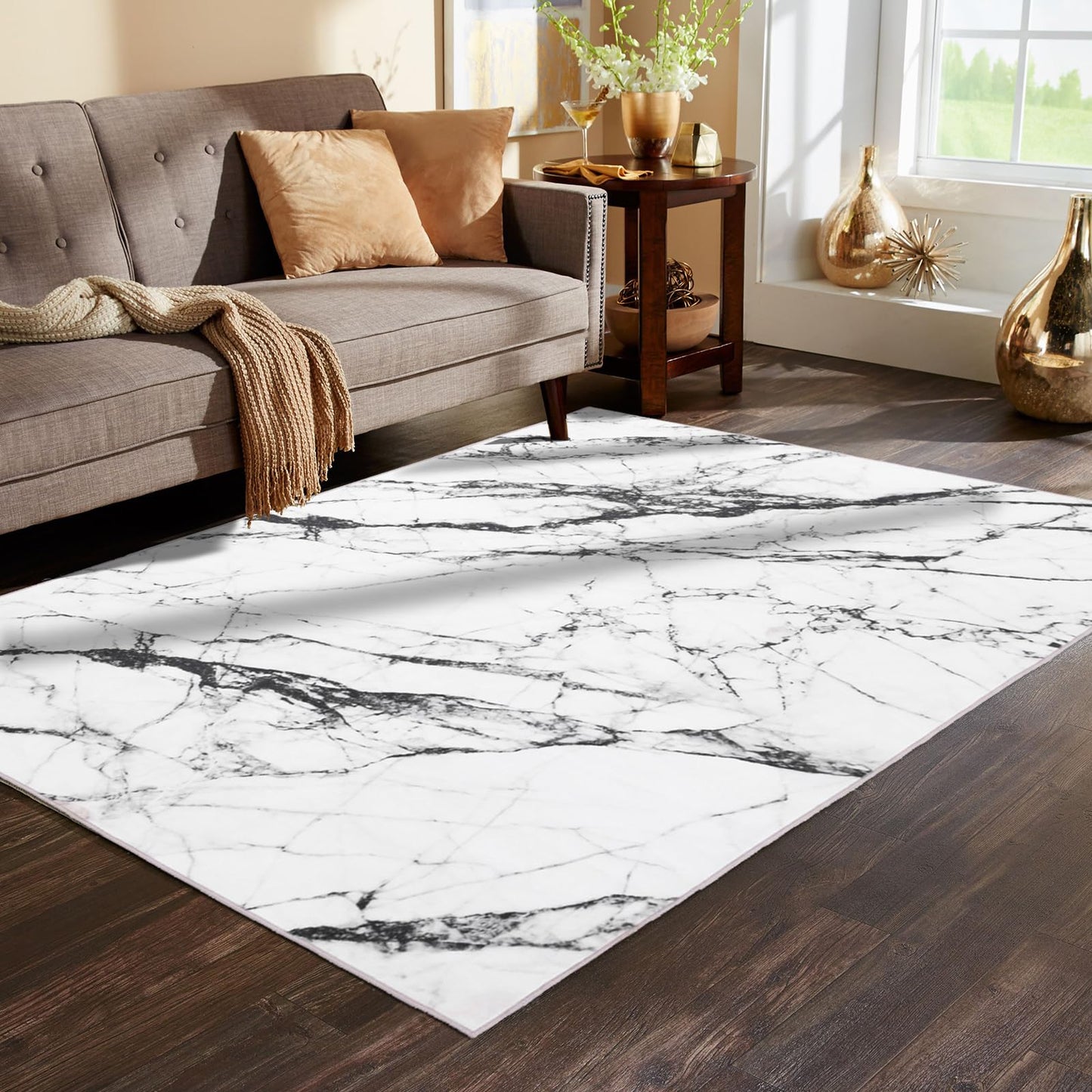 Asrug 3x5 Washable Rugs, White Marble Area Rugs for Living Room, Chic Soft Non-Shedding Throw Rug Carpet with Non-Slip Backing, Low-Pile Floor Mat Indoor Rug for Bedroom Enterway Dining Room