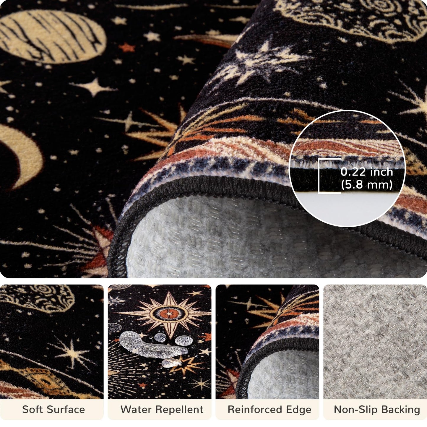 meejou 5x7 Area Rugs, Washable Vacuum-Friendly Non-Slip Rug Vintage Boho Gothic Sun and Moon Printed Pattern Low Pile Carpet for Living Room Bedroom Dining Room Hallway Entryway,Black Gold Beige Red