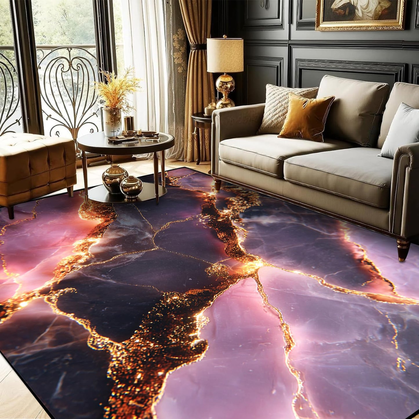 kxry Purple Gold Marble Pattern Area Rug 3x5 for Bedroom Living Room Dining Room Light Luxury Elegant Style Non Slip Washable Low Pile Rug for Entryway Kitchen Doormat Indoor Floor