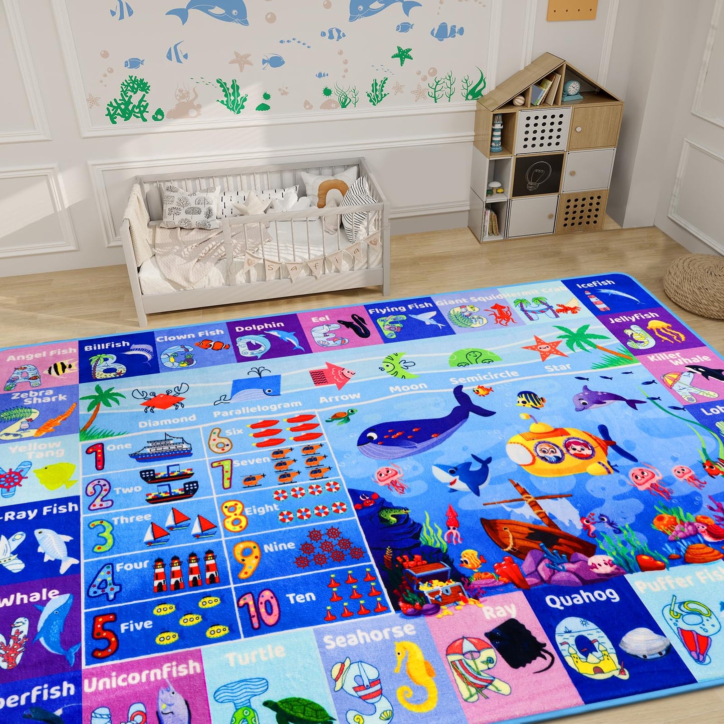Mfmiudole Ocean Educational Kids Learning Rug with ABC Alphabet, Sea Animals, Numbers & Shapes, Interactive Preschool Play Carpet for Classroom Nursery Homeschool, Non-Slip Rug, 5' x 3'3"