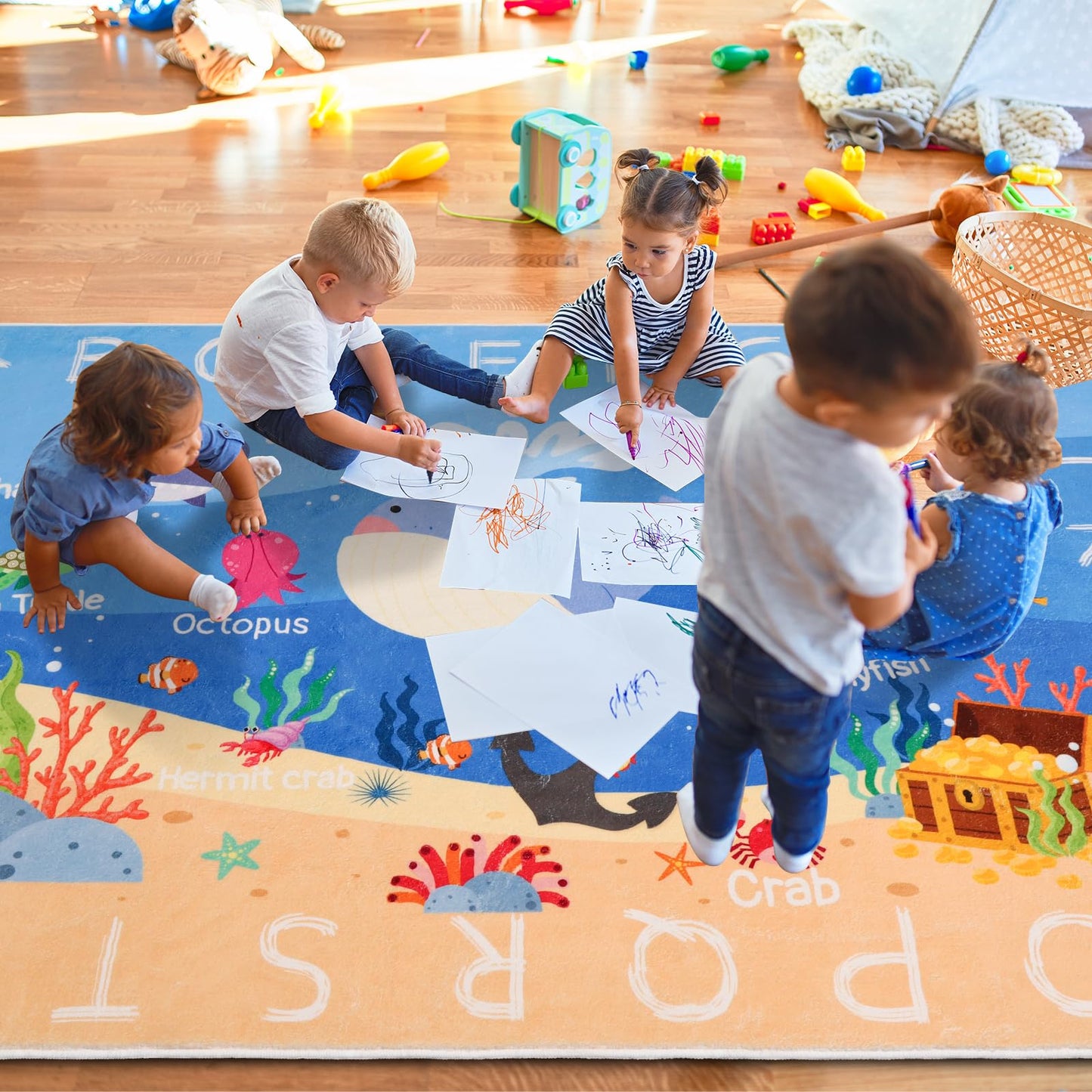 AKASISRUG Kids Rugs for Playroom,3'3" x 4'11" ABC Alphabet Whale Kids Rug,Non-Slip Ocean Kid Rug Play Mat,Washable Educational Classroom Rug Kids Area Carpet for Kids Room Playroom(for Age 2+)