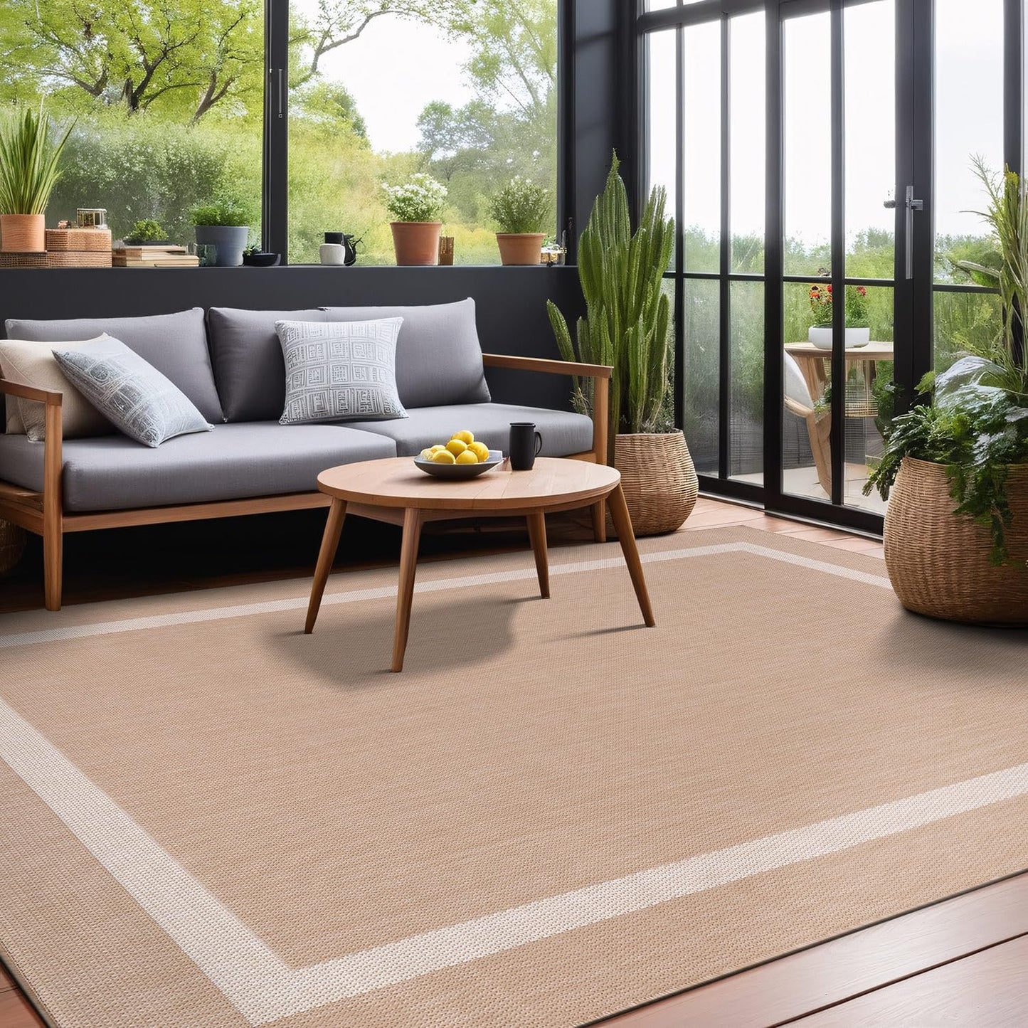 Luul Home Bordered Outdoor Rug 8x10 Washable Outside Carpet for Indoor Patio Porch Waterproof Easy Cleaning Non Shedding Area Rugs Beige 8 x 10