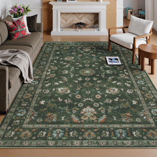 Hedlive 6' x 9' Vintage Floral Area Rug, Washable Green Living Room Rug with Non-Slip Backing, No Shedding, Stain Resistant Carpet for Bedroom Dining Room Under Table Home Office Apartment