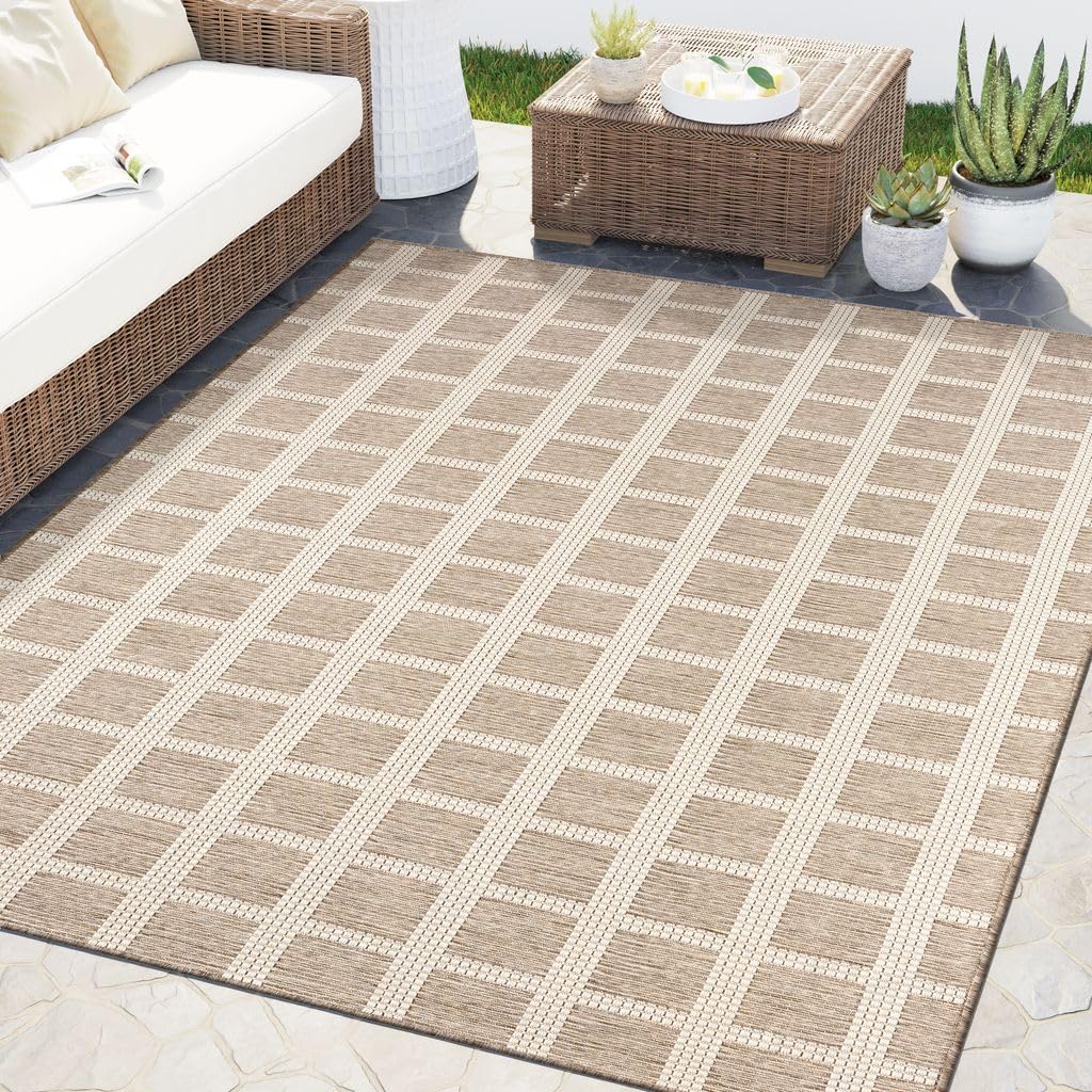 Abani Brown Area Rug – Ocean Collection – 5' x 8' Gridscape Design – Indoor & Outdoor Use – UV Protected, Fade-Resistant, Easy to Clean – Durable for Patio, Deck, Entryway, or Kitchen