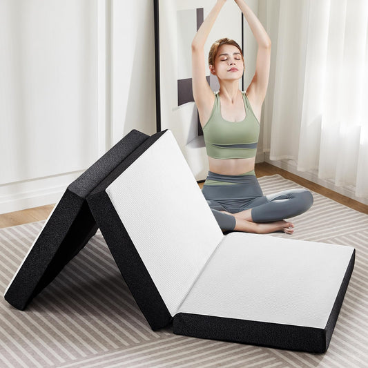 KMFurnila Tri-Fold Twin Memory Foam Pads, 3 inch Folding Topper with Washable Cover, Portable Non-Slip Guest Floor Bed for Camping Travel – Ideal for Overnight Guests, RV, and Outdoor Adventures