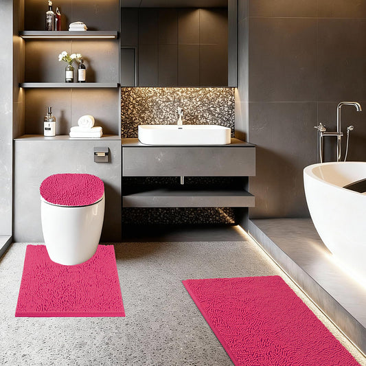 Baahrnom Bathroom Rugs Sets 3 Piece with Adjustable Toilet Seat Cover 19.5"x 18.5" Machine Washable Bath Rug Set with TPR Non Slip Rubber Backing Solid Bath Mat Set for Luxury Bathroom Decoration