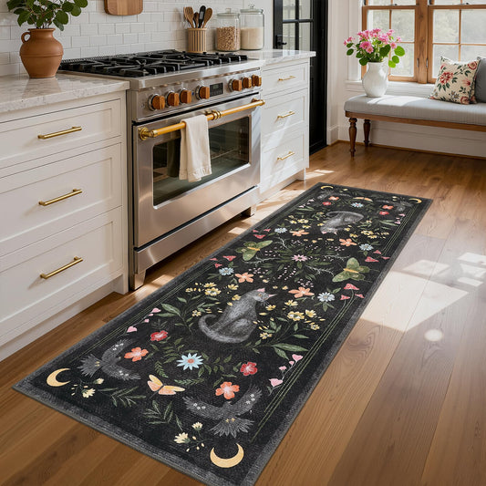 GarveeHome 2x6 Cat Washable Runner Rug for Kitchen, Soft Black Hallway Runner Non Slip Mushroom Moths Entryway Rug Floral Laundry Mat Stain Resistant Carpet for Bedroom Bathroom Beside Rug