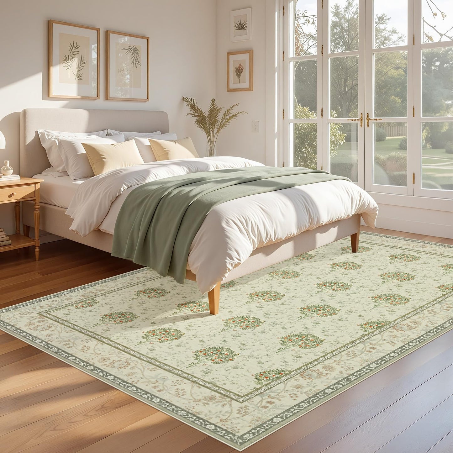 Joydeco Boho Floral Large Rugs for Living Room Nursery, Washable Beige Kids Bedroom Rug 8x10 Under Bed, Botanical Non Slip Throw Carpet for Playroom Kids Dining Room Dorm Classroom, Beige