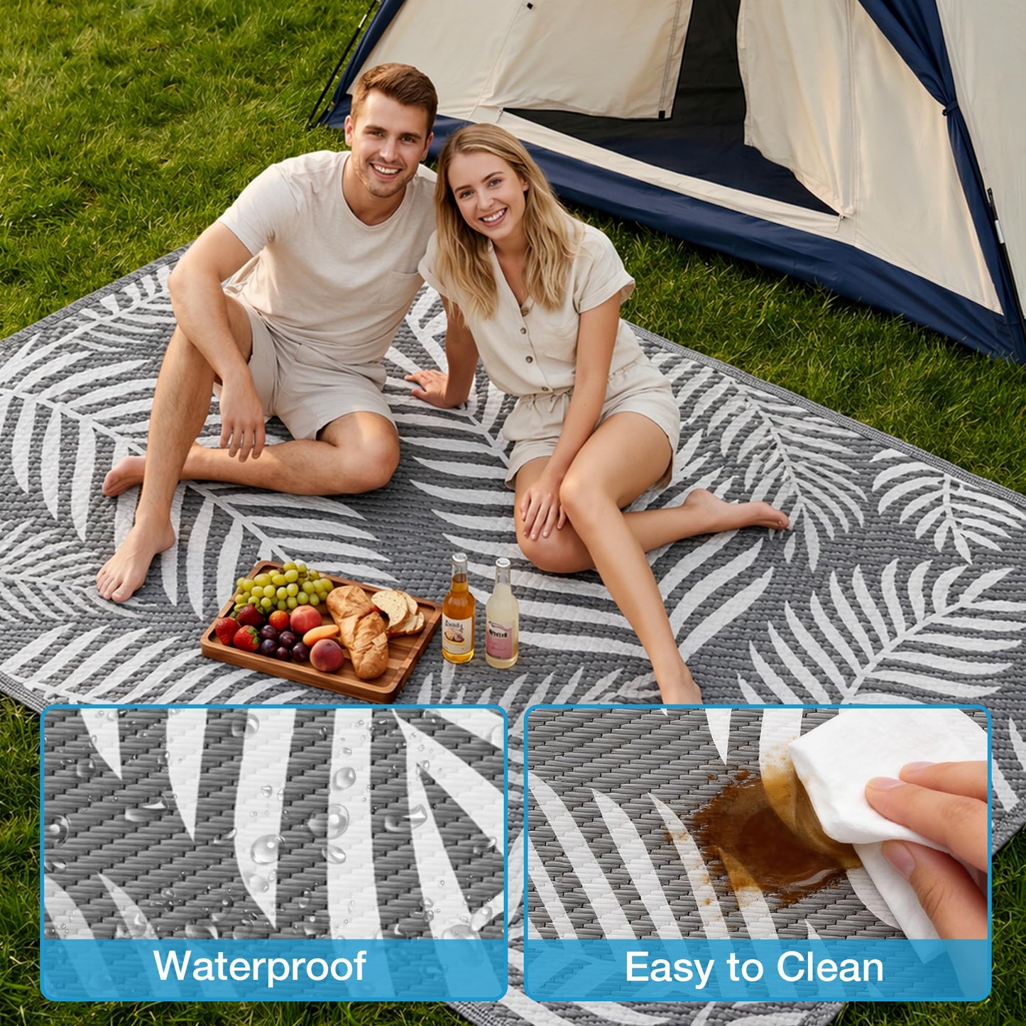 Kohree Outdoor Rug 9x12 Reversible, Waterproof Outdoor Plastic Straw Rug RV Patio Mat, Non-Slip Easy-Cleaning RV Outdoor Mat Carpet for Deck, Patio, Camping, Balcony, Deck, Backyard (Grey & White)