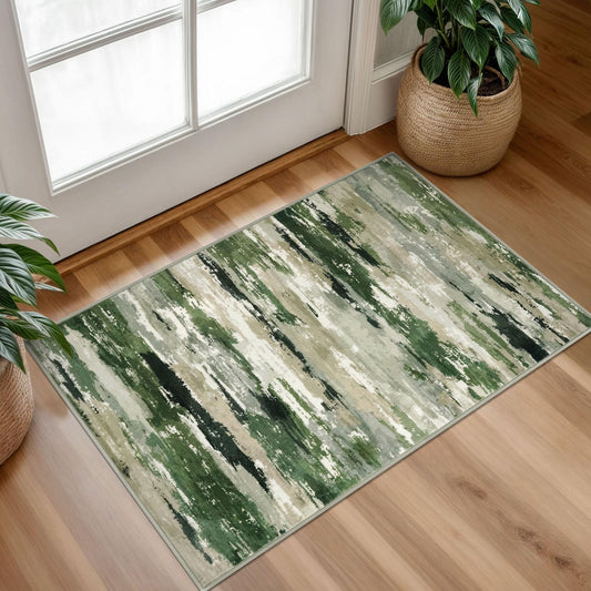 SILOLOOM Washable Entryway Rug Small Abstract Area Rug 2x3, Non-Slip Kitchen Rugs Soft Thin Indoor Door Mat, Printed Faux Wool Throw Rugs Floor Carpet for Bedroom Entry Front Door Sink, Green