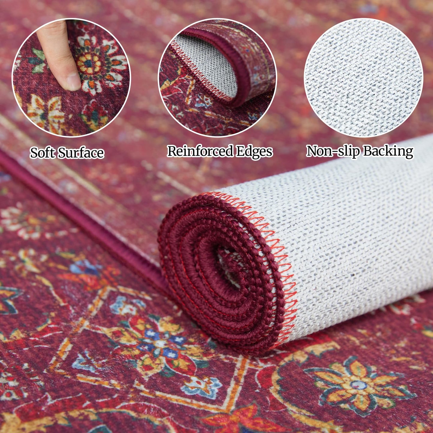 Inlume 3x5 Soft Washable Area Rugs for Living Room and Bedroom, Non-Slip Stain Resistant Indoor Carpet, Cozy Floor Mat for Dining Room, Office, Stain Resistant Entryway Persian red Floral