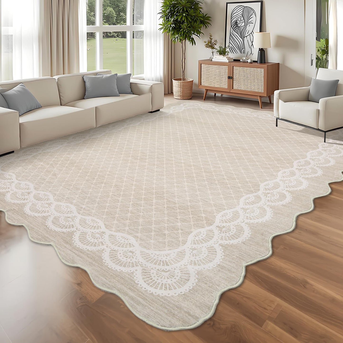LUXLOOM Area Rug 9x12 Washable Rugs for Living Room Modern Scalloped Throw Rugs Soft Indoor Floor Cover Lace Print Irregular Mat Non-Slip Low-Pile Rug for Dining Room Office Nursery Dorm Lace Beige