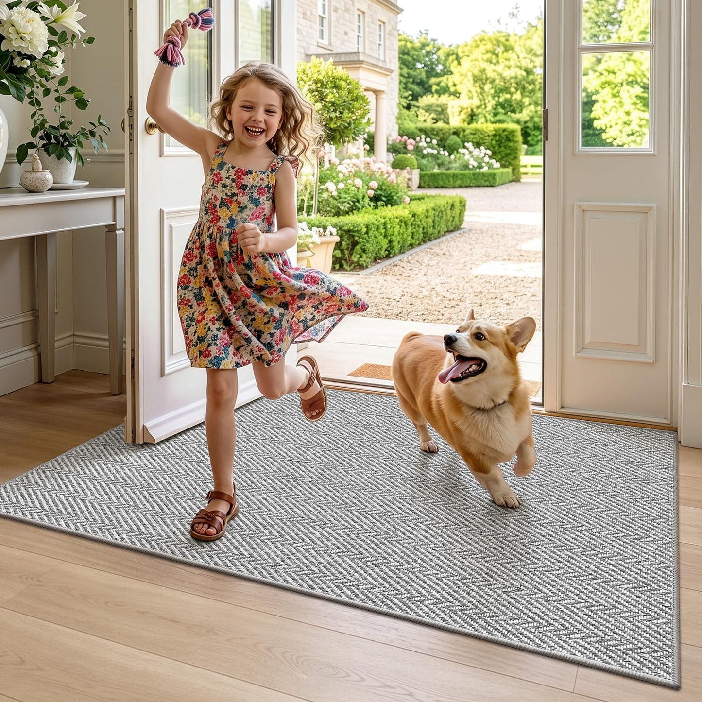 LUMI Ultra Thin Indoor Door Mat for Entrance 24"x36", Non Slip Entryway Mat, Low Profile Doormat, Unique Herringbone Design Carpet for Inside, Patio, Porch, Gray