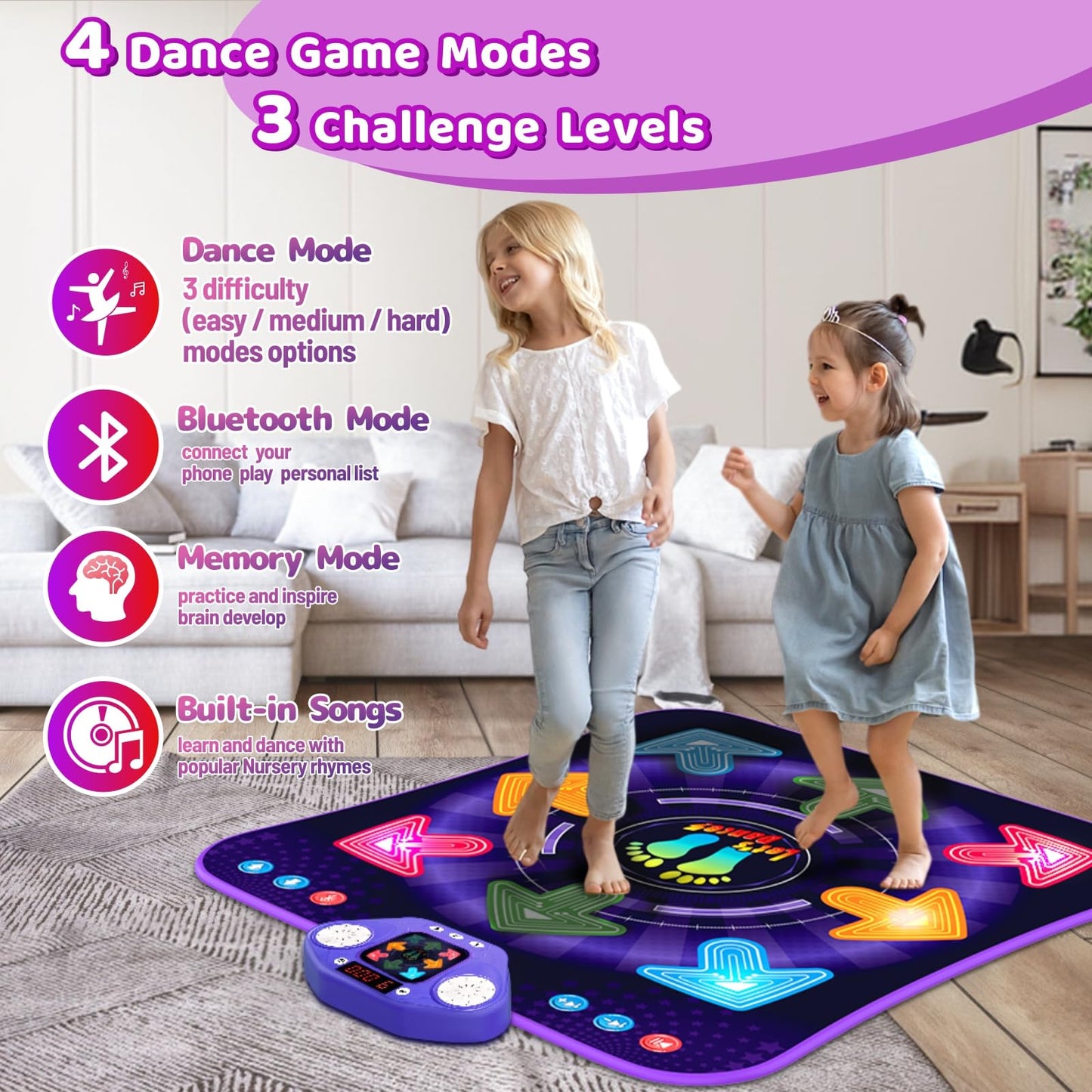 Dance Mat Toys for 3-12 Year Old Girls Boys, Dance Pad with Light Up 8-Buttons & Bluetooth, Music Dance Game with 7 Game Modes, Christmas Birthday Gifts for 3 4 5 6 7 8 9 10+ Year Old Girls Boys