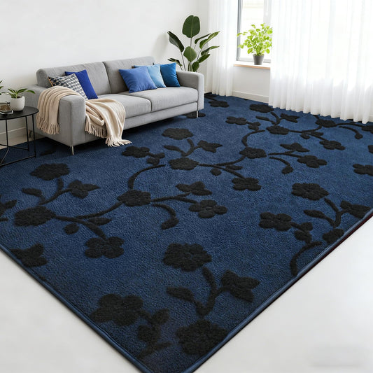 Zedrew Area Rugs for Bedroom Living Room, 4x6 Navy Blue Memory Foam Rug, Floral Low Pile Design, Modern Washable Minimalist Carpet for Boys Girls Dorm Nursery Home Decor(4x6ft, Navy Blue)