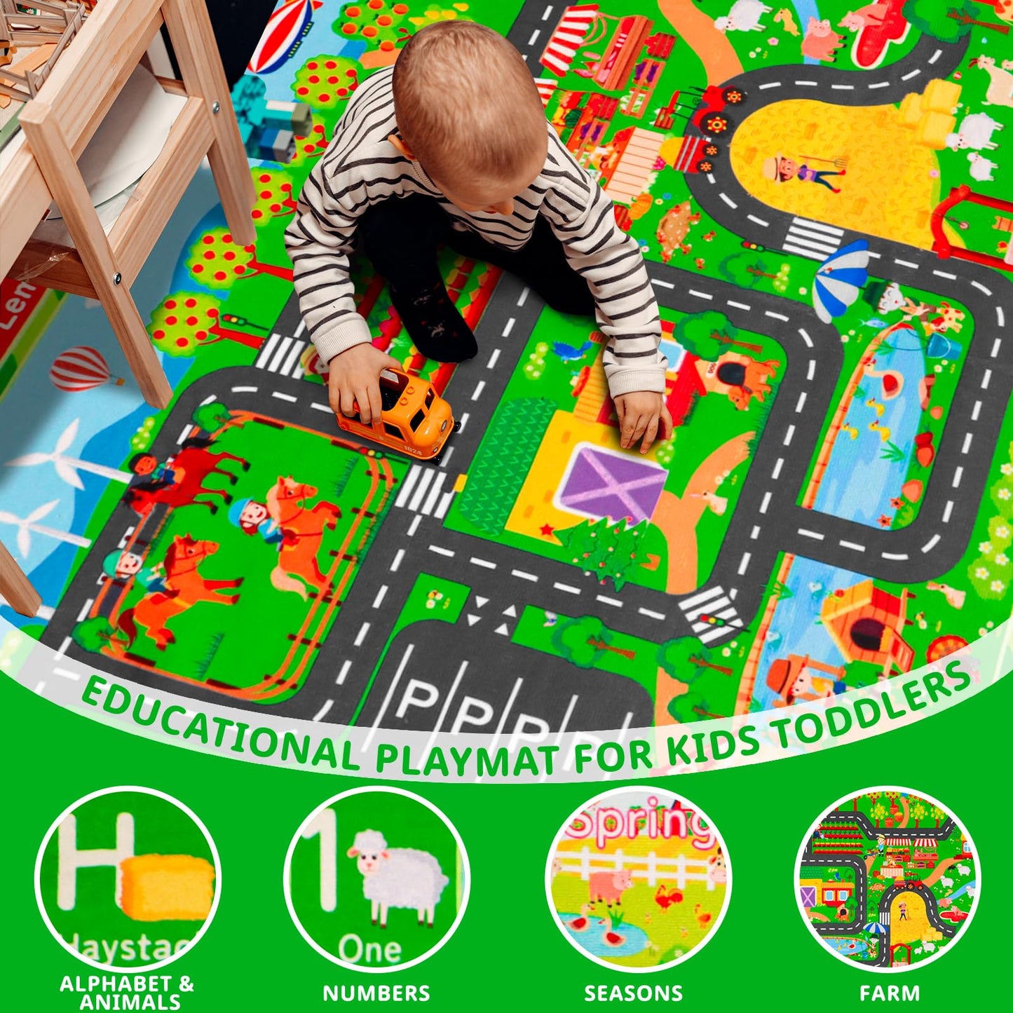 DINSUMRUG Kids Rugs for Toy Cars Playroom 59"×39.4" ABC Farm Life Road Traffic Kids Car Road Rugs Village Map Play Mat for Boys Room Family Tummy Time Playtime Learning Carpet