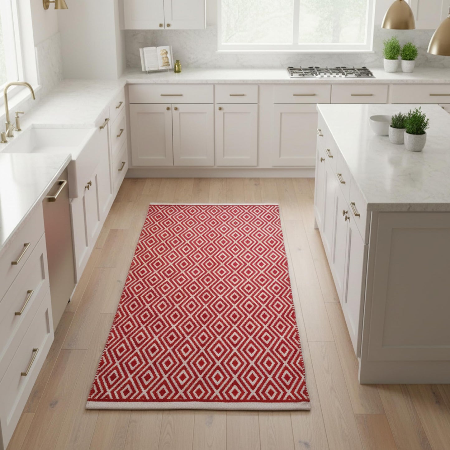 Chenille Cotton Diamond Runner Rug 2x5 Feet - Red, Reversible Washable Soft Floor Runners Ideal for Kitchen, Hallway, Bedroom, Bathroom | Farmhouse Boho Indoor Use Rugs for Patio Décor