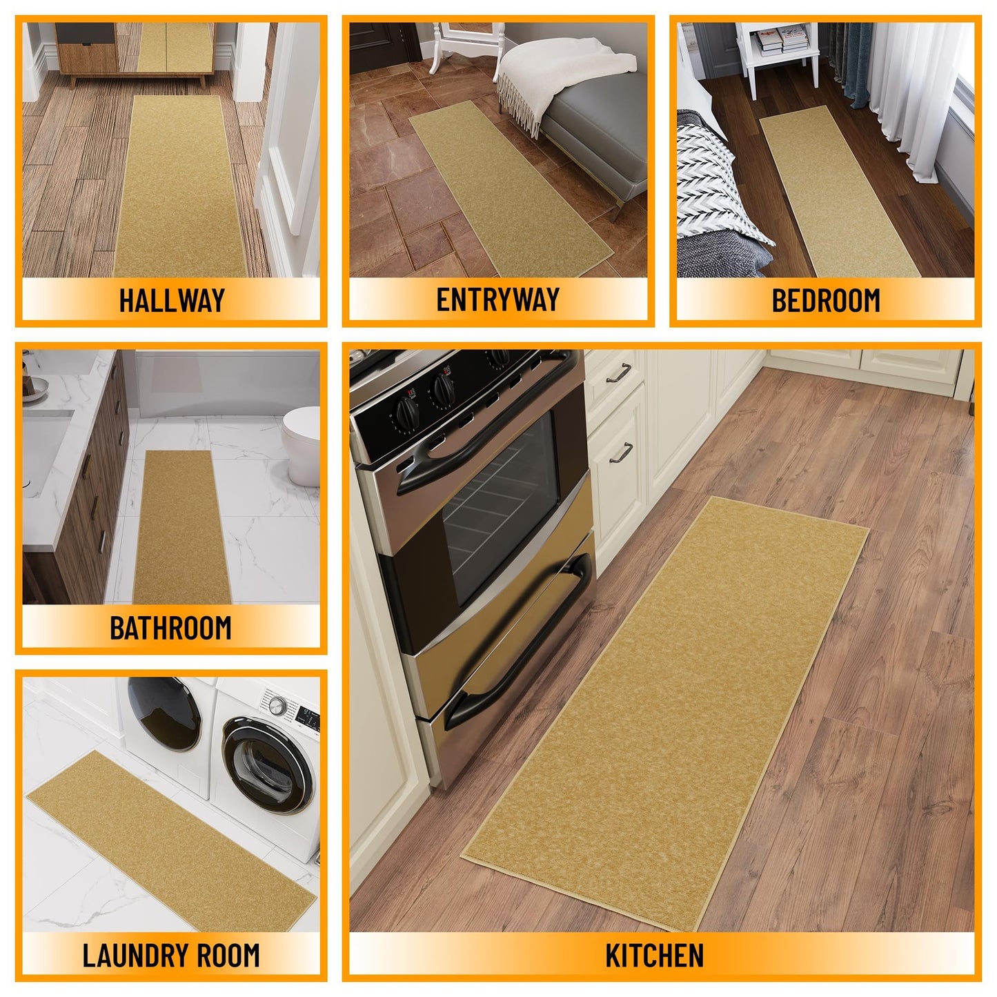 Sweet Home Stores Non-Slip Solid Design Rubberback Runner Rug for Kitchen, Hallways, Bathroom, Entrance, Bedroom, 20" x 59", Beige