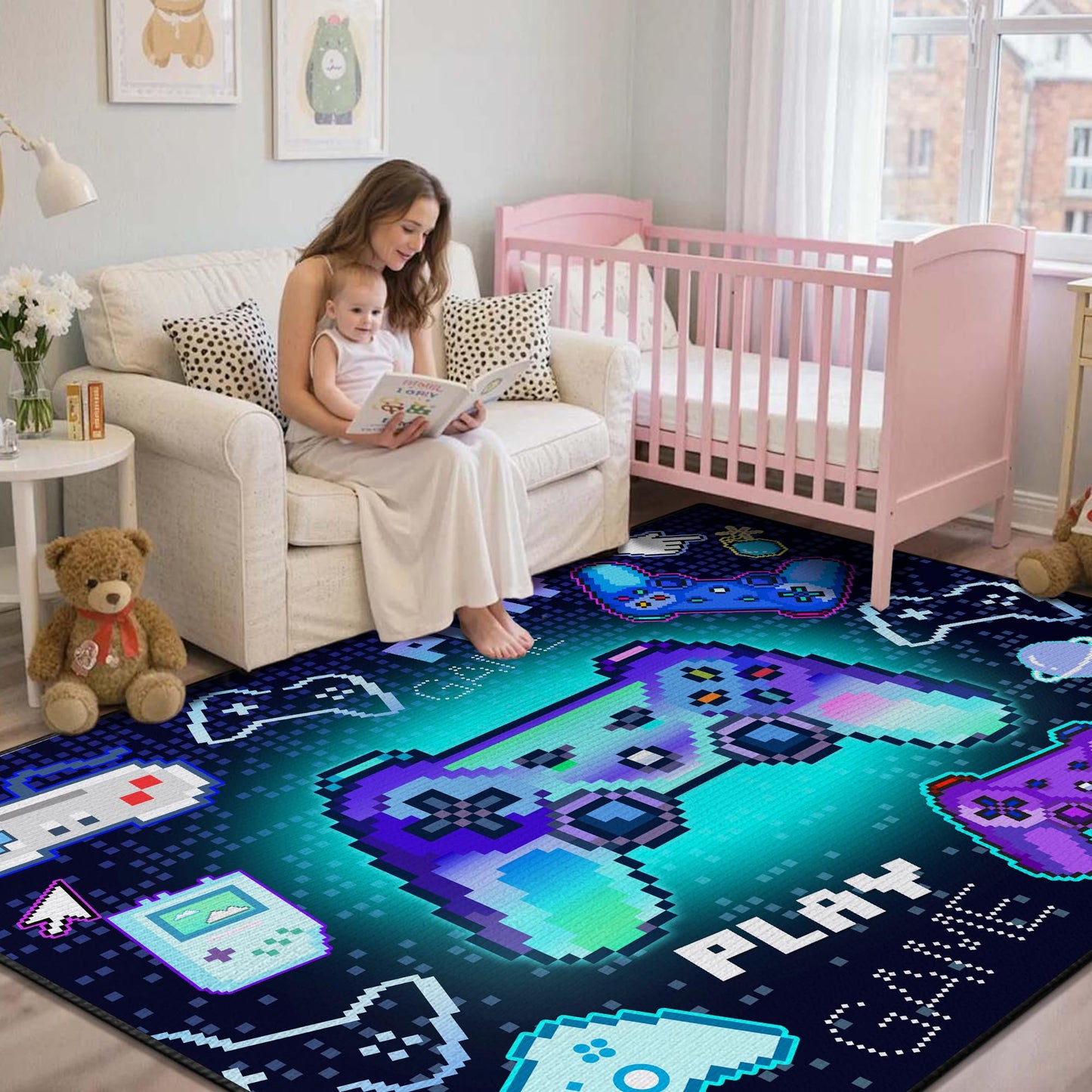Didswuit Gaming Play Rug for Bedroom, 5'x 6'6" Whimsical Game Controller Mat Pixel Gamepad Carpet for Playroom, Gamer Décor for Game Lover Washable