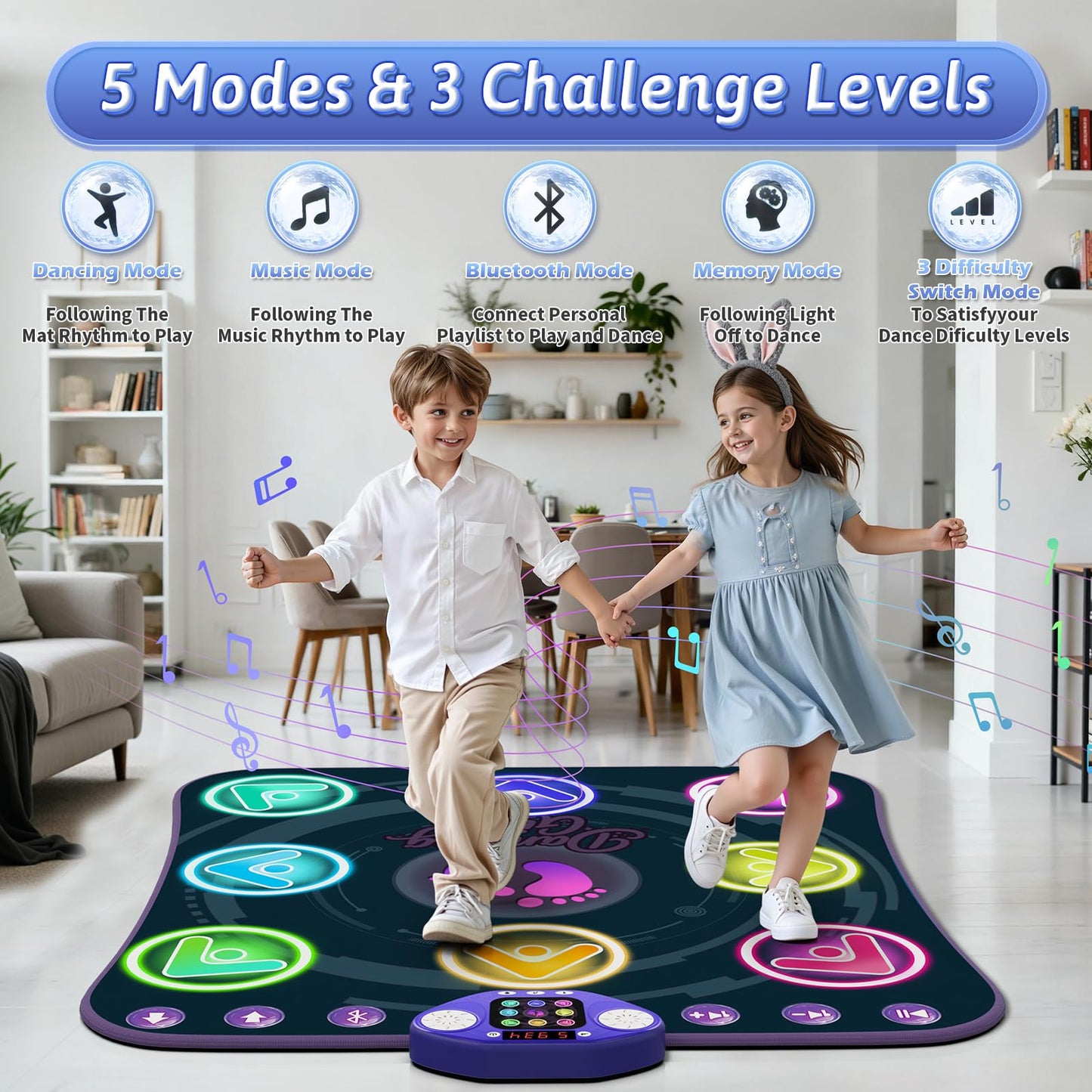 WAYKEE Dance Mat Toys for 3-12 Year Old Girls, Electronic Dance Pad with Light-up LED Wireless Bluetooth & 5 Game Modes, Christmas Birthday Toys Gifts for 3 4 5 6 7 8 9 10+ Year Old Girls
