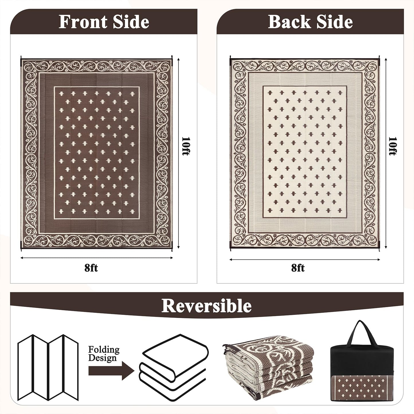 Pauwer Waterproof Outdoor Rug 8x10, Reversible Plastic Straw Patio Camping Rug, Indoor Outdoor RV Mat Carpet for Deck, Camper, Porch, Balcony, Backyard, Picnic, Bordered Brown